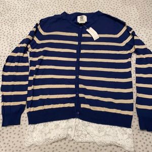 Navy and tan striped button down shirt with lace bottom.